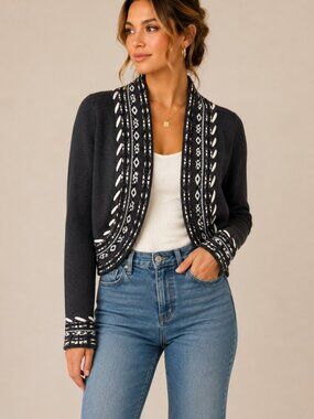 Cato Cotton Blend Geometric Whipstitch Cropped Open Front Cardigan XL